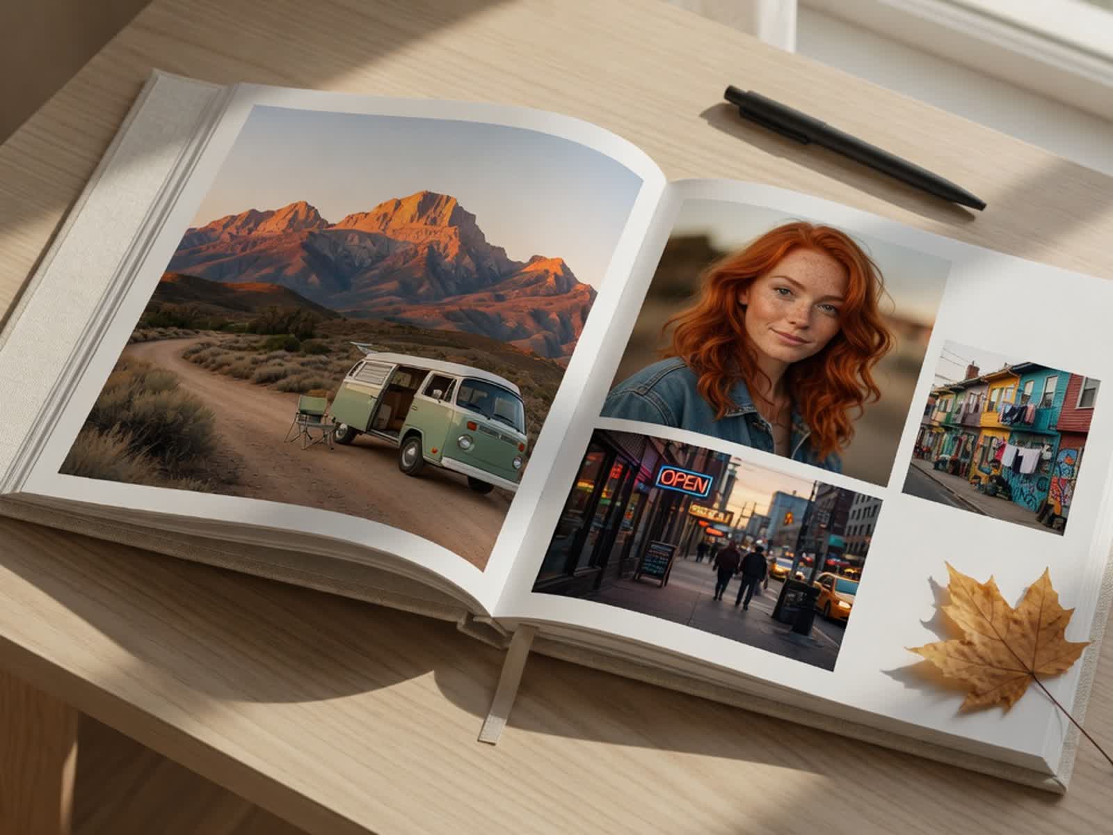 Real physical printed photo book open on a table showing sharp magazine-quality spreads from a 600 DPI iPhone export