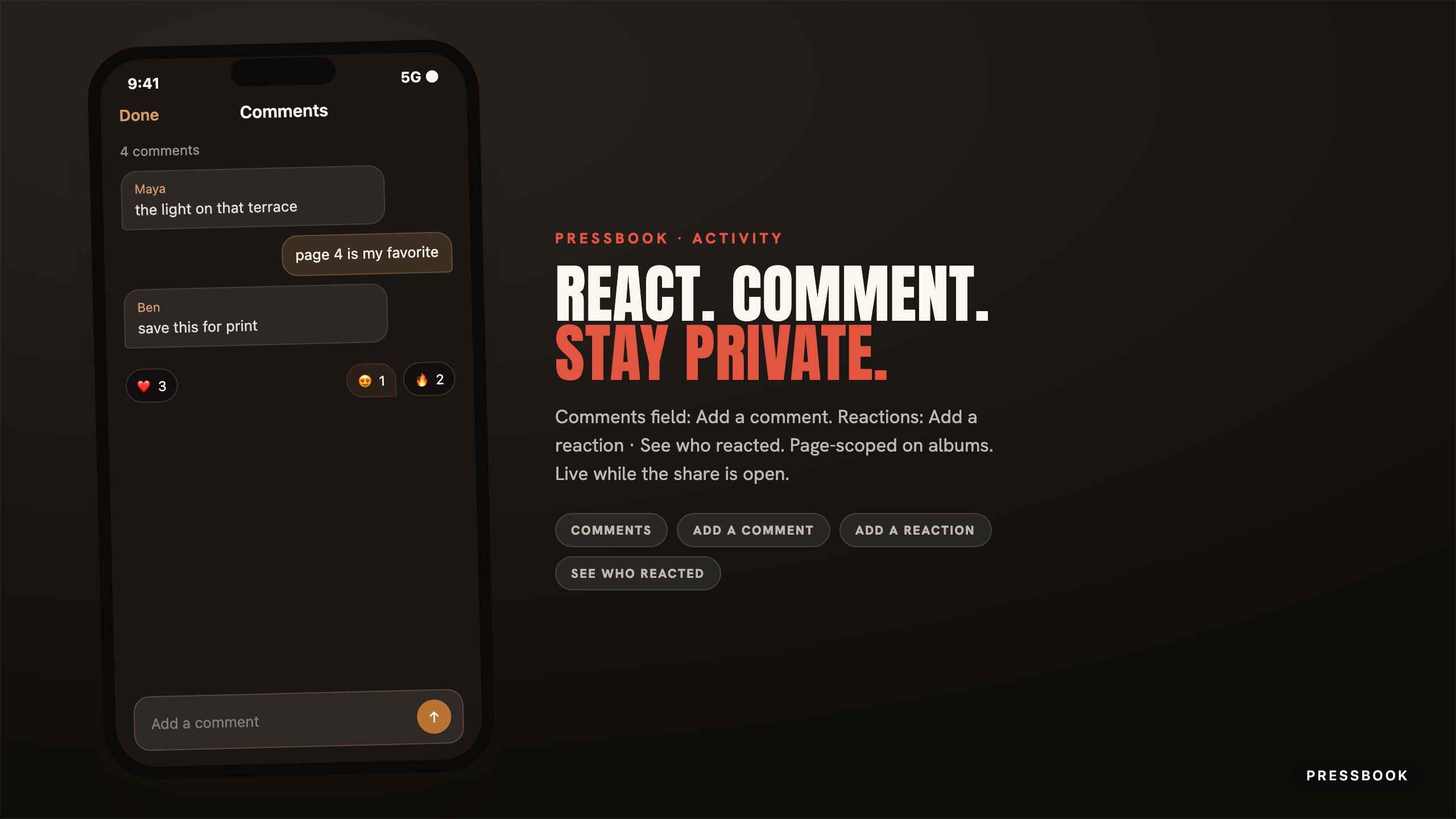 Pressbook Comments on dark reader chrome with chat bubbles, reaction chips, and Add a comment