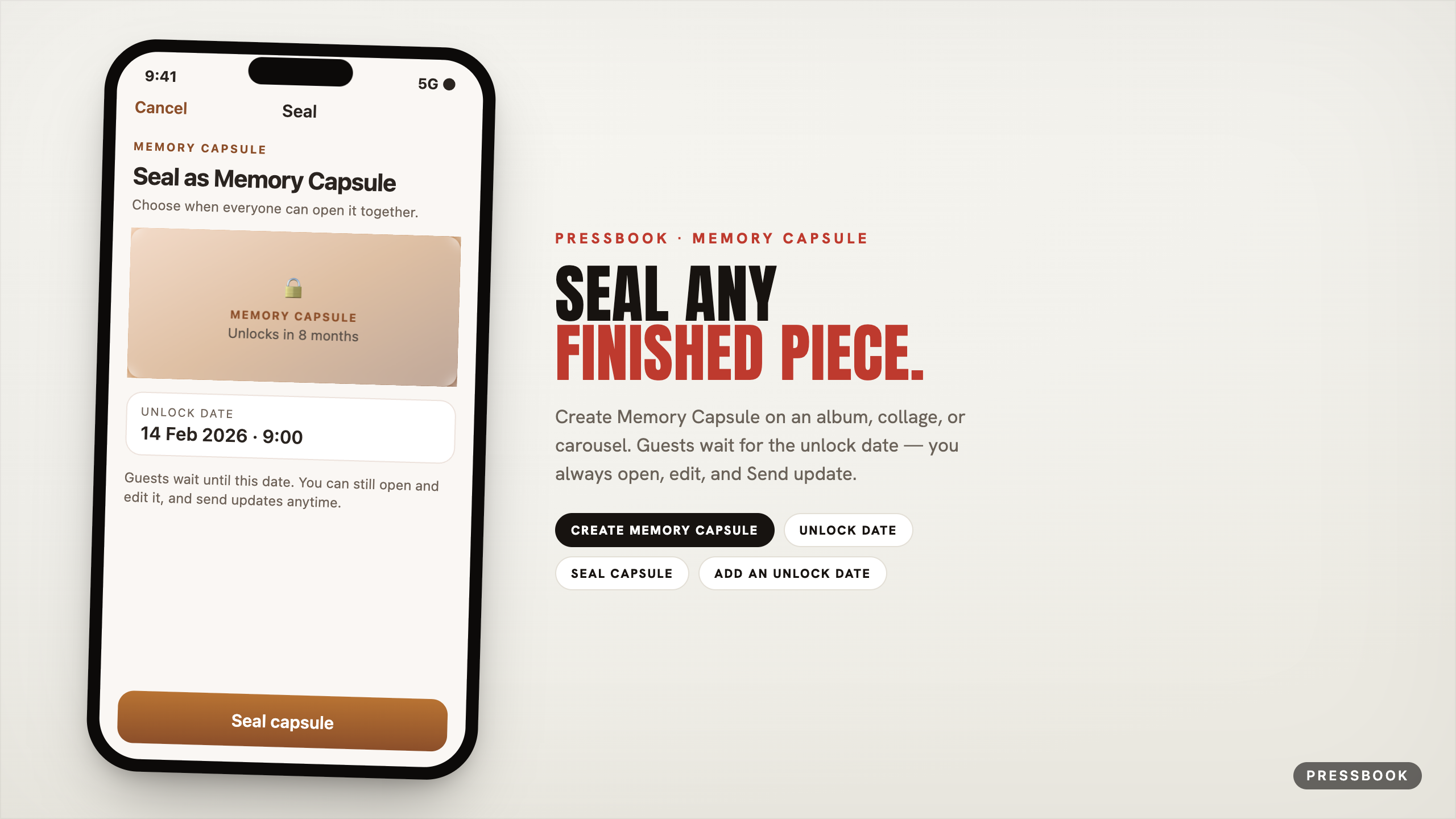 Pressbook Seal as Memory Capsule sheet with Unlock date and Seal capsule, guest-wait footer