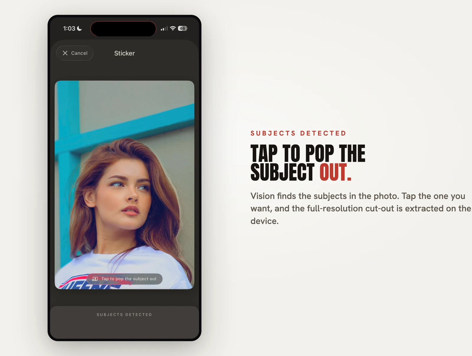 The Pressbook sticker screen prompting to tap to pop the subject out, with subjects detected