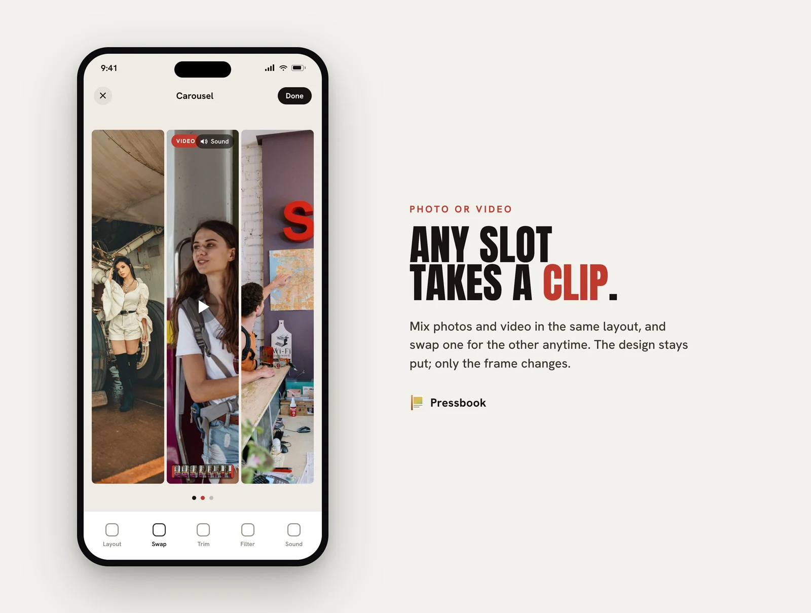 A Pressbook carousel on iPhone with a video clip in the middle panel, beside two photos