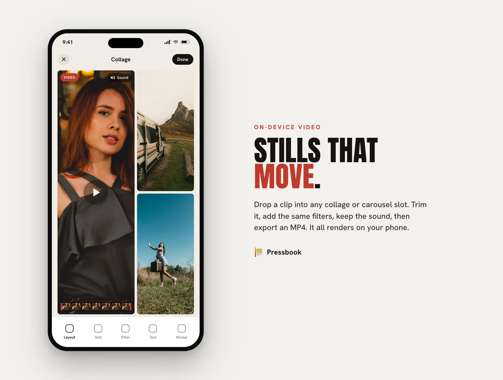 Video clips placed in a Pressbook collage or carousel