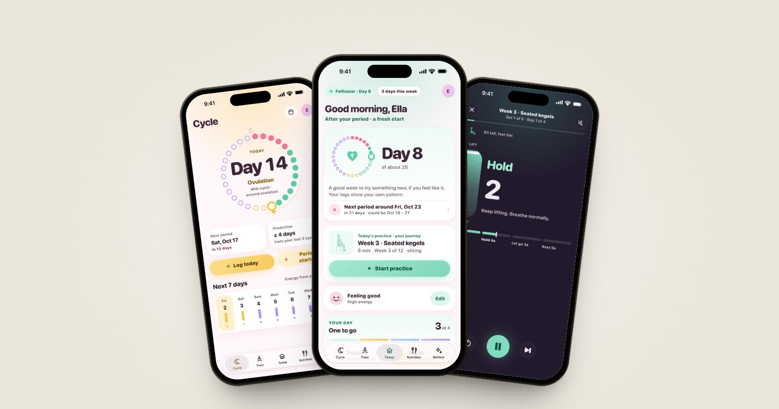 Three iPhones showing Fia: the cycle on day 14, the Today screen on day 8 with the day's kegel practice, and a seated kegel session at Hold.
