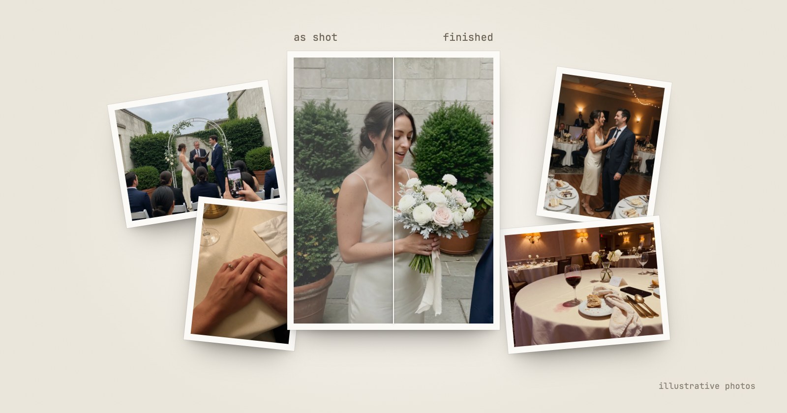 A wedding photo split down the middle, as shot on the left and finished on the right, laid over prints from the same day. Illustrative photos.